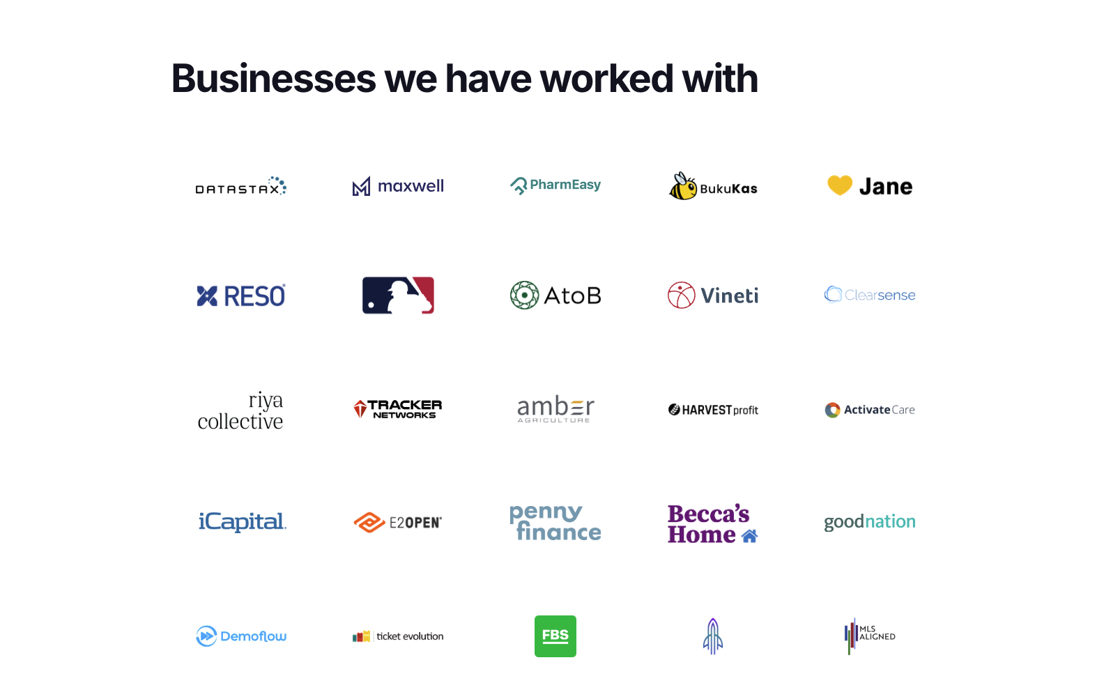 Businesses we have worked with - showcasing various company logos including DATASTAX, maxwell, PharmEasy, BukuKas, Jane, RESO, AtoB, Vineti, Clearsense, and many more